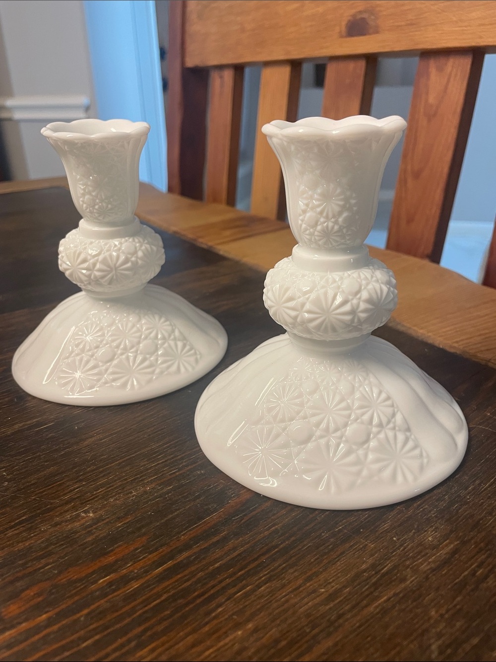Vintage White Milk Glass Candlestick Pair - Elegant Floral Pattern - Picture 2 of 10